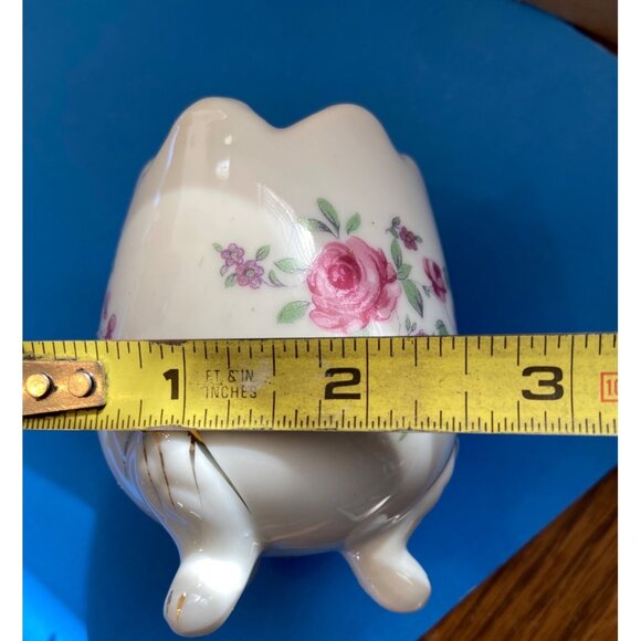 Vtg Four-Leg Brinn's Pittsburg Porcelain Egg Vase Gold Trim & Floral Rose Design - Picture 2 of 6